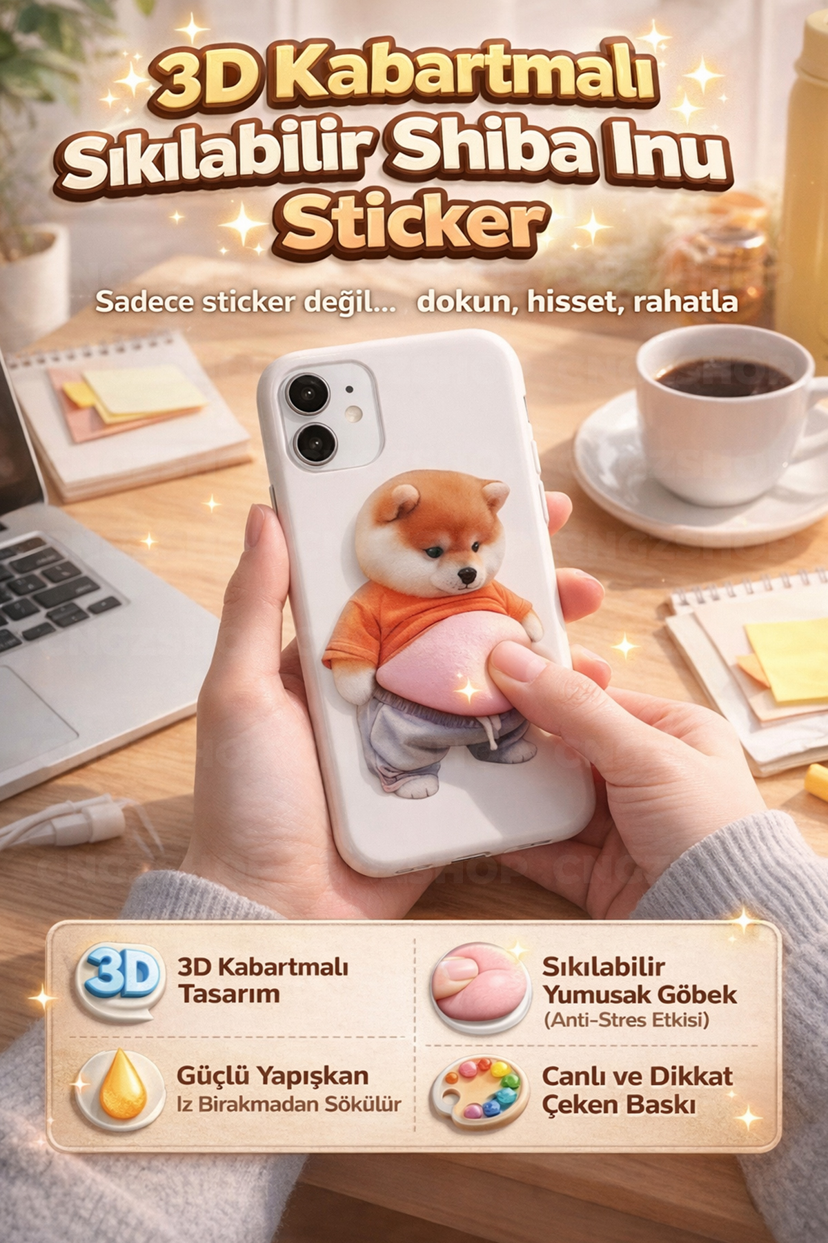 CNGZSHOP 3D Kabartmalı Sıkılabilir Shiba Inu Sticker | Anti-Stres