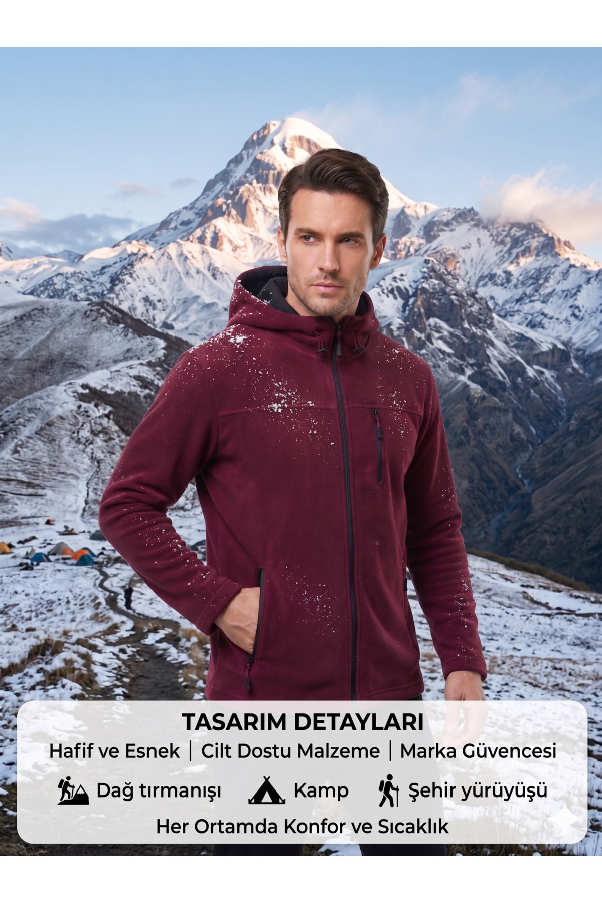 Erkek Bordo Kapüşonlu Polar – 3 Cepli Fermuarlı Sıcak Tutan Kışlık Outdoor Polar — زرشکی 342342423 — تصویر 2 از 5