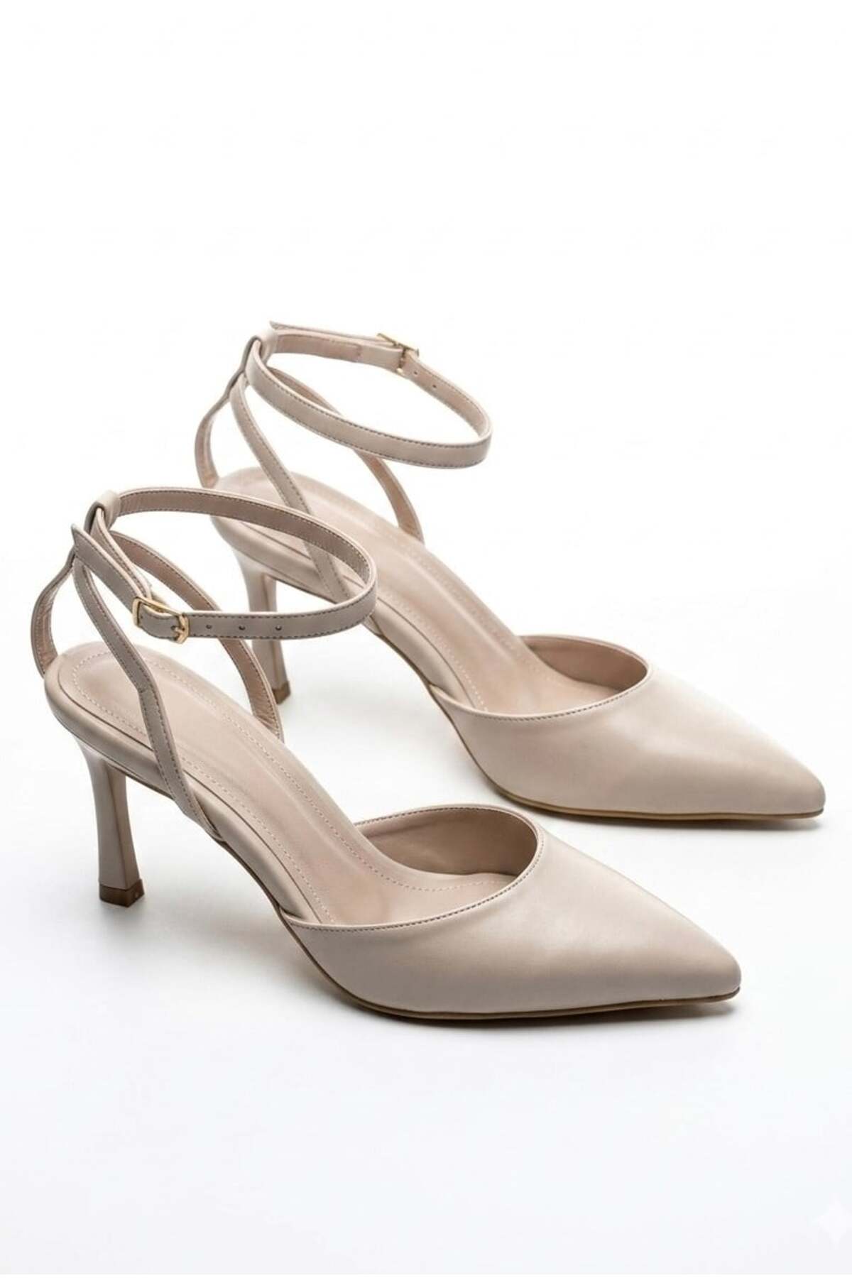 Women's Beige Ankle Tied Pointed Toe Heels Classic Heels Stiletto TT001
