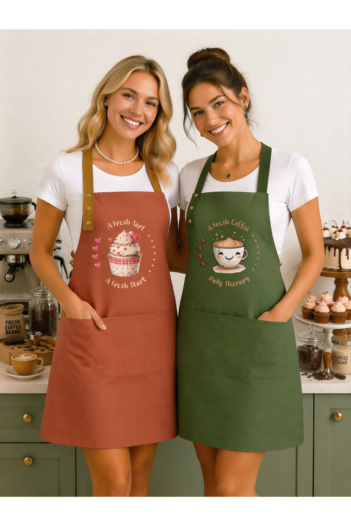 Kitchen Apron Set 2-Piece Stainproof Suitable Fabric Cupcake Coffee Dowry Café Patisserie Workshop Apron