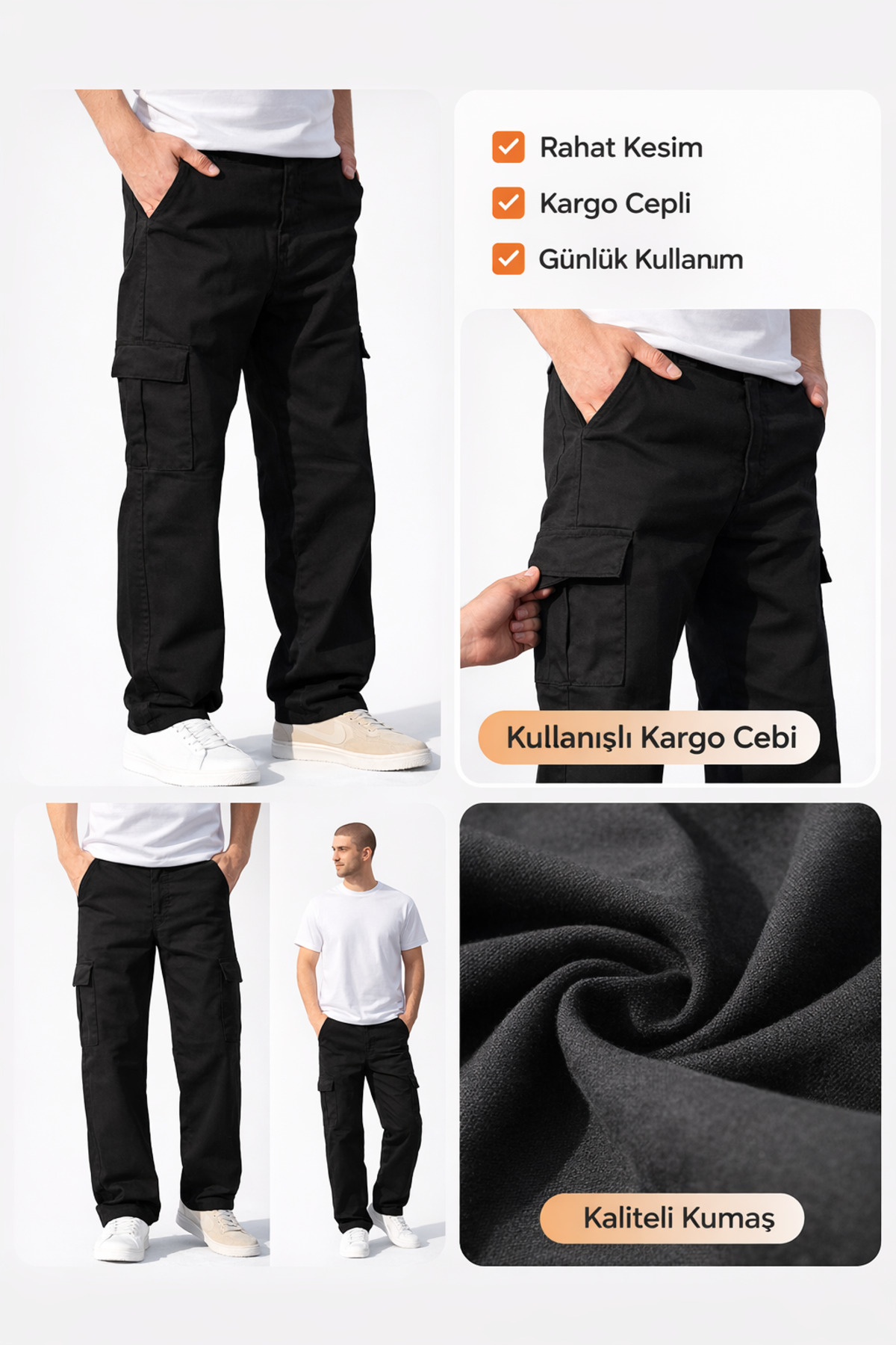 Verox Fit Erkek Kargo Cepli Rahat Kesim Pantolon — مشکی VXF-KRG-01 — تصویر 5 از 5
