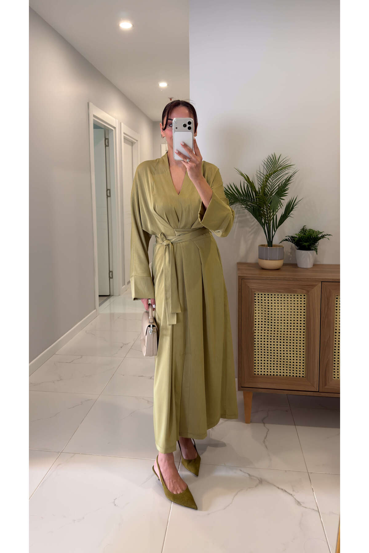 BİRCANÇİL  Chisra Haki Kimono Saten Elbise
