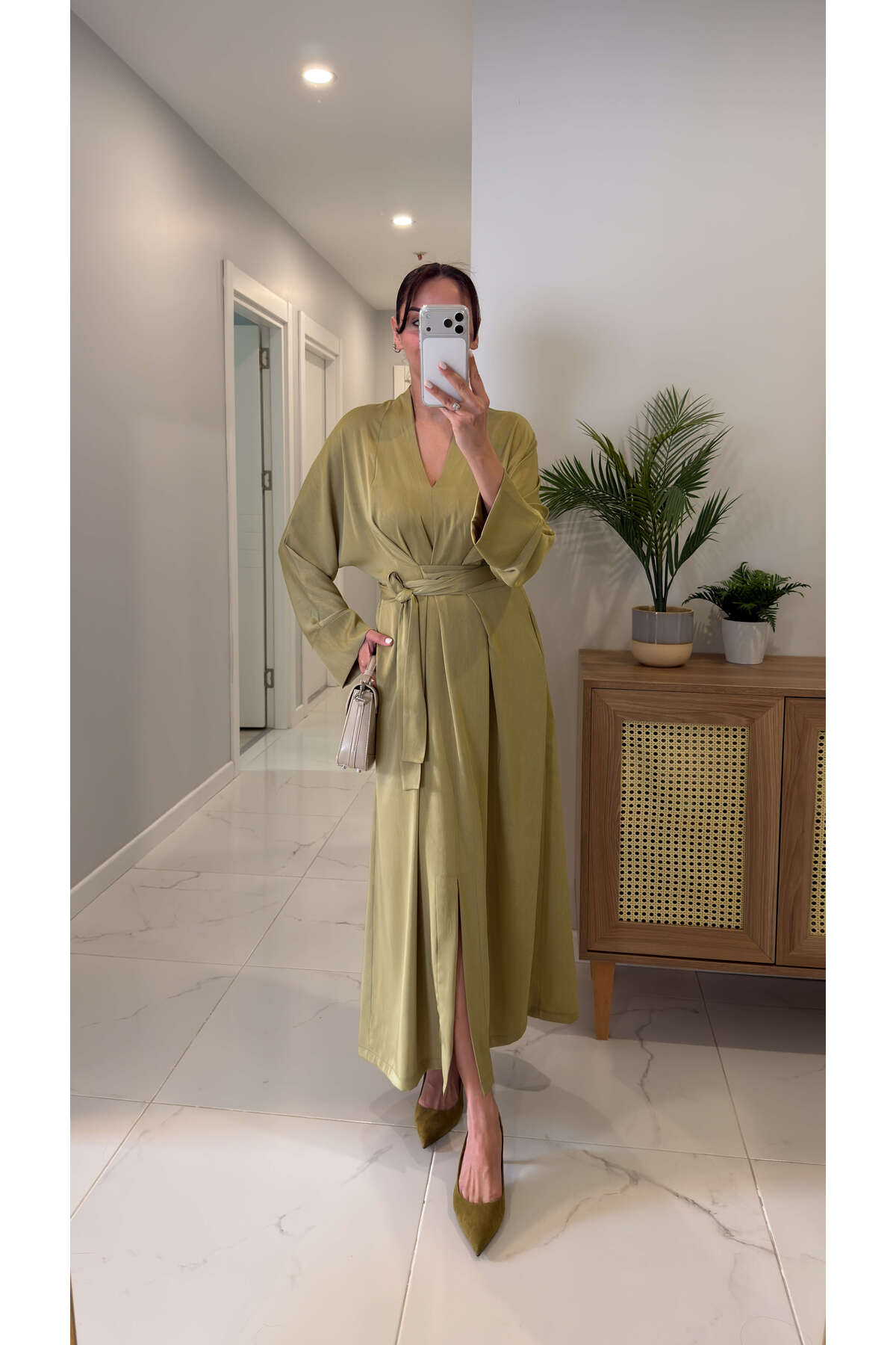 BİRCANÇİL  Chisra Haki Kimono Saten Elbise - Görsel 5