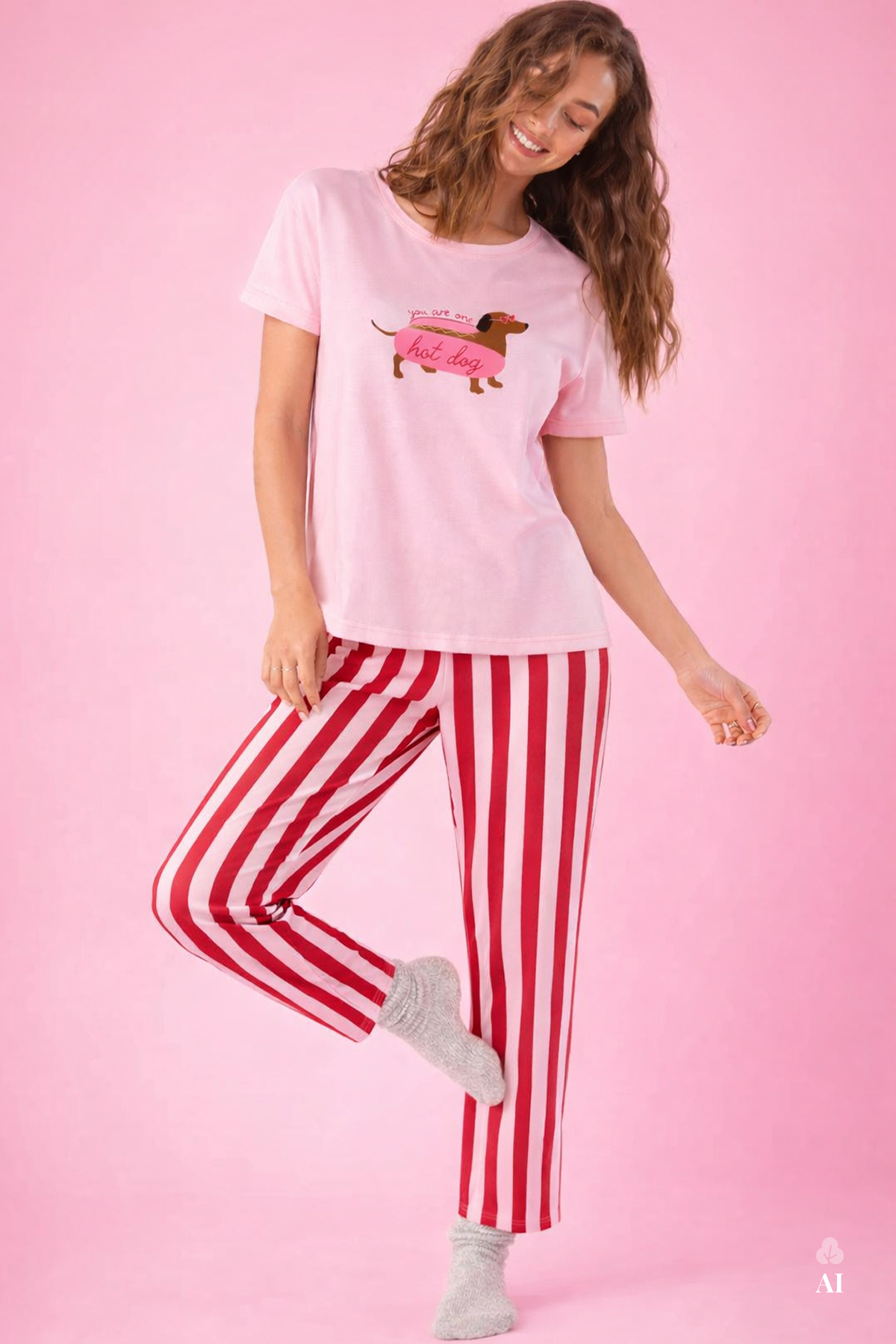 koza iç giyim Kadın Pamuklu Renkli Köpek Baskılı Örme Pijama Takımı
