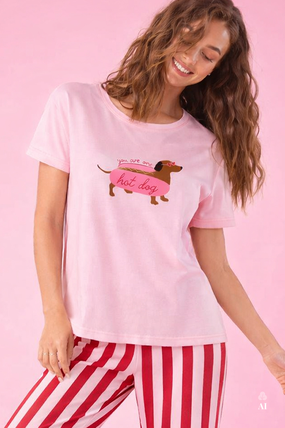 koza iç giyim Kadın Pamuklu Renkli Köpek Baskılı Örme Pijama Takımı görsel 4