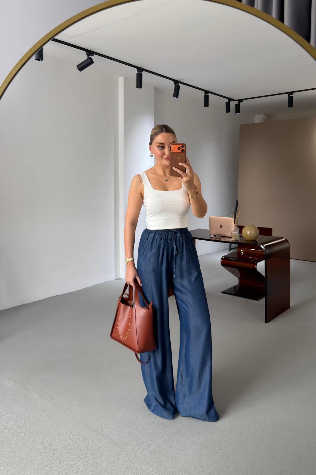 Navy Blue Tencel Denim Trousers with Elastic Waist