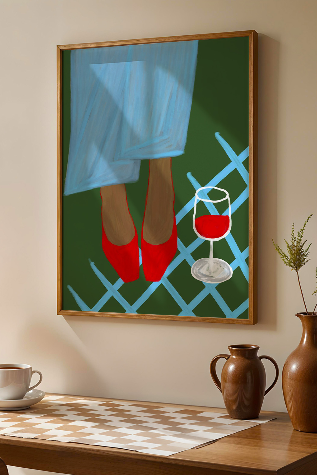 Kadın Tablo Kırmızı Topuklu ve Şarap Poster Modern Duvar Dekoru Çerçevesiz