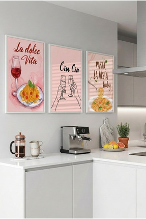 Yoko Home 3’lü Ahşap Çerçeveli Tablo Seti, Spagetti Tasarımlı Mutfak Tablosu ...
