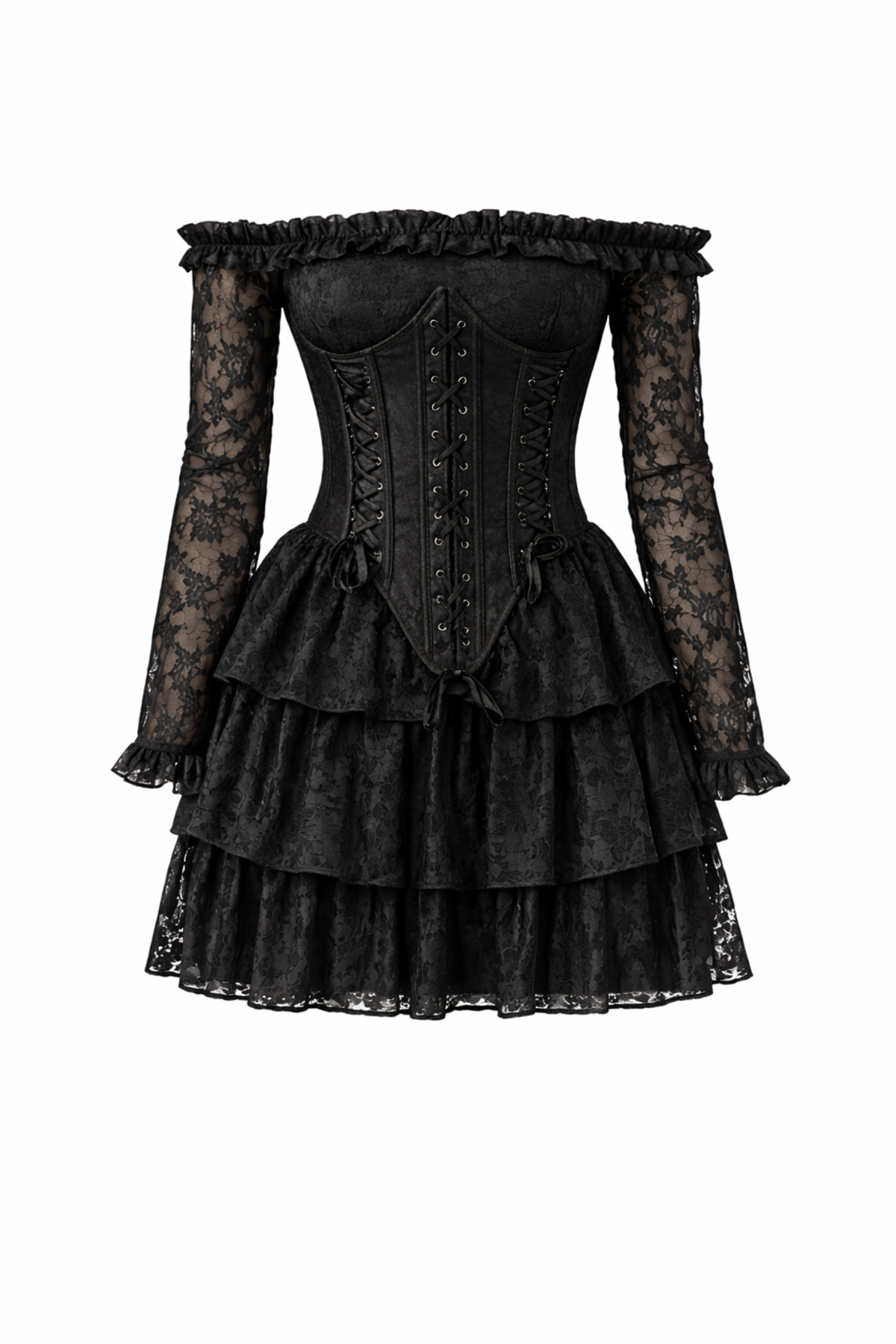Butik  İDL Fashion Dantel korseli Mini Elbise -Siyah Volanlı, Omuz Açık Elbise - Görsel 3