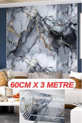 Renkli Duvarlar Tek Parça 3 Metre Rulo Yapışkanlı Mavi Gold Mermer Desenli Du...