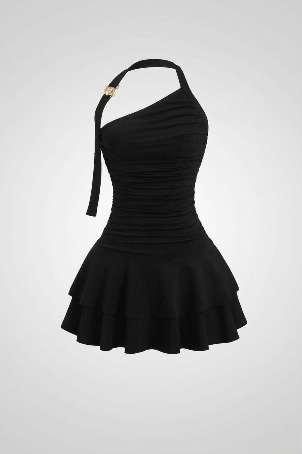 Rora  Bordo Drapeli Volanlı Mini Elbise – Tek Omuz Askılı Şık Davet Elbisesi