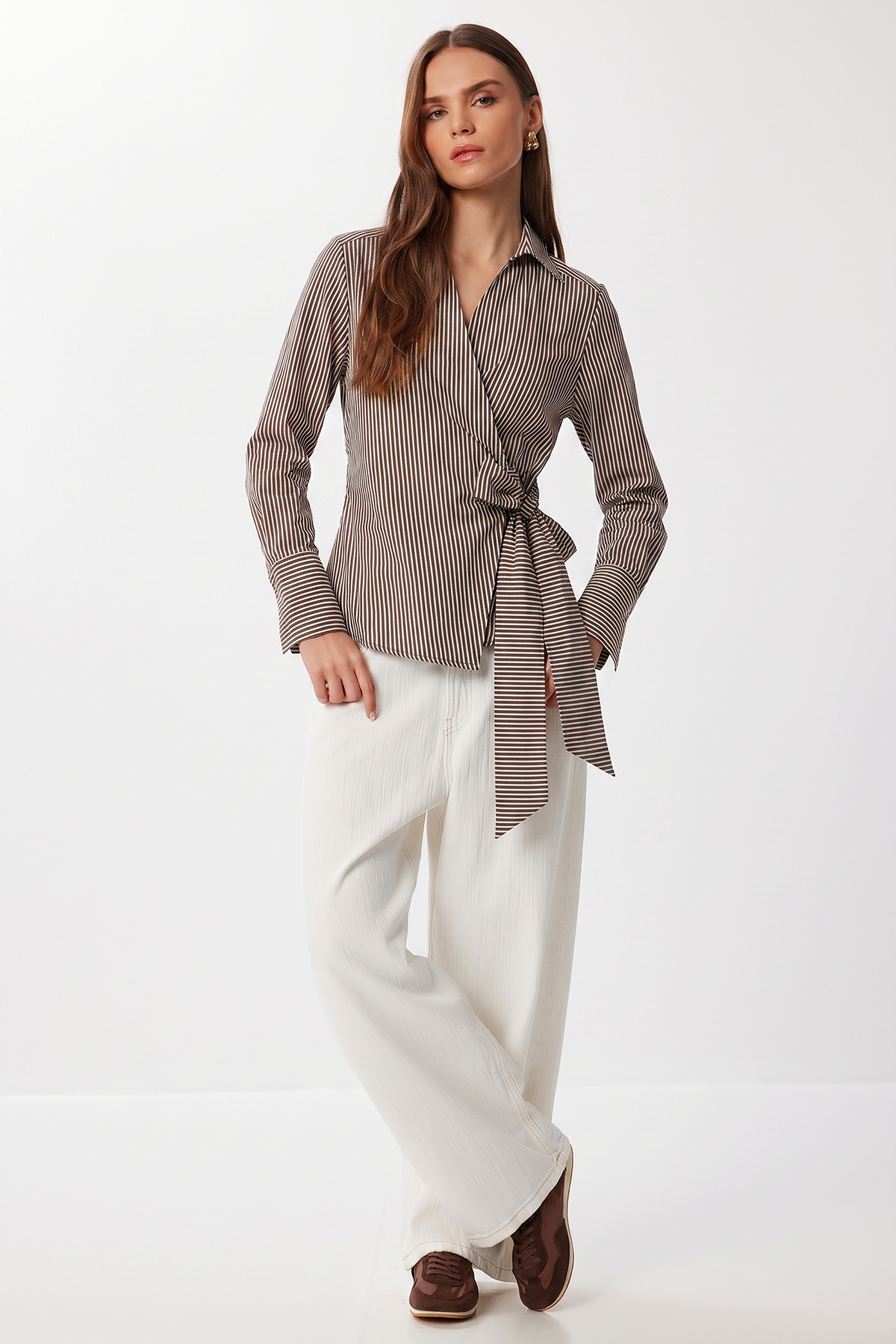 Lovelyİstanbul Shirt Collar Striped Wrap Woven Blouse Lyy0140 Brown Ecru