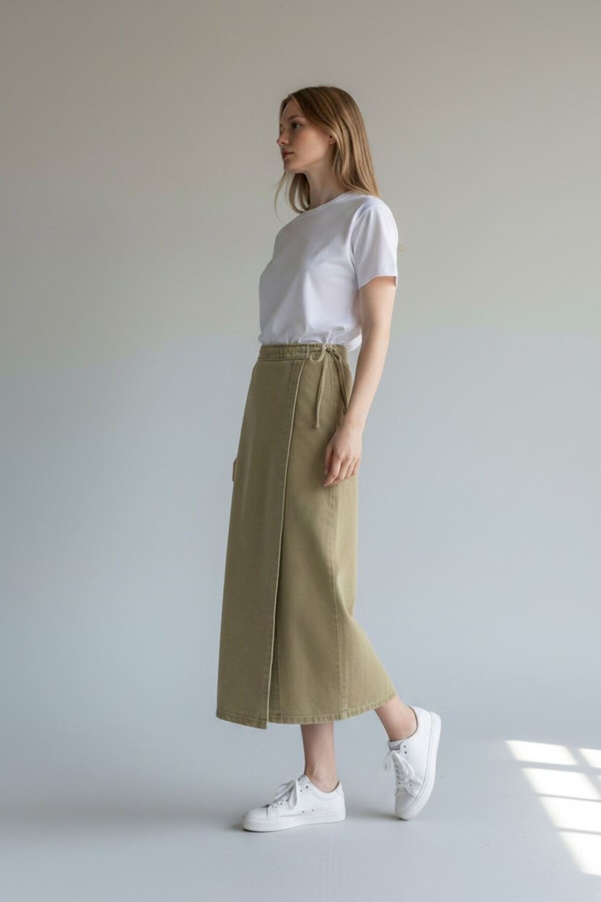 VELLICHOR  YANDAN BAĞLAMALI DENİM ETEK- HAKİ - Görsel 2