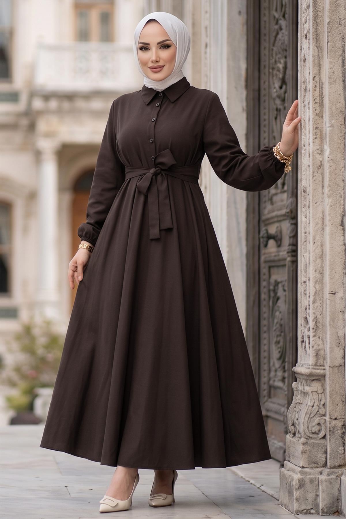 hafsamina  Kuşaklı Mevlana Elbise Acı Kahve HM2105