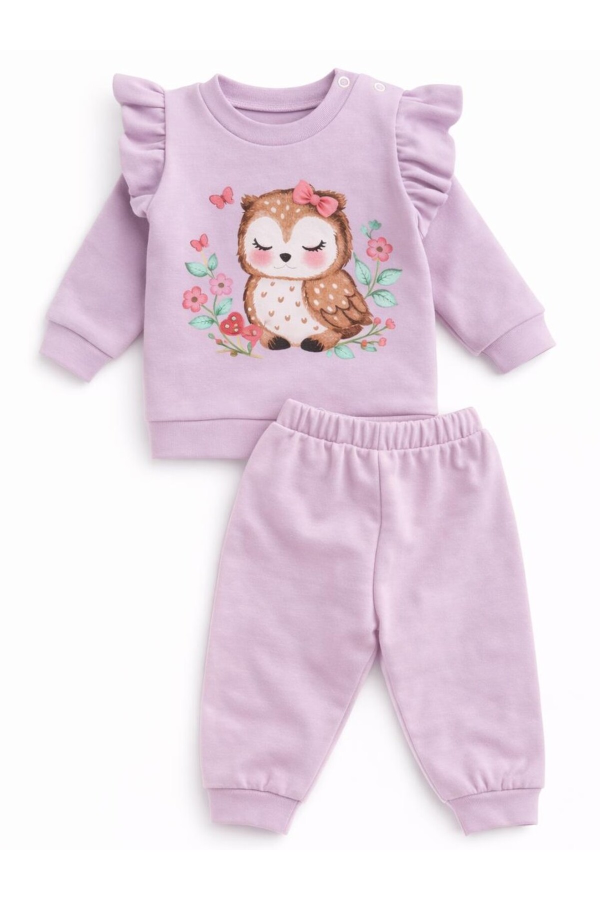 ozbaby.com Pastel Owl Printed Baby Girl Set 100% Cotton Seasonal Ruffle Sleeve Outfit Set