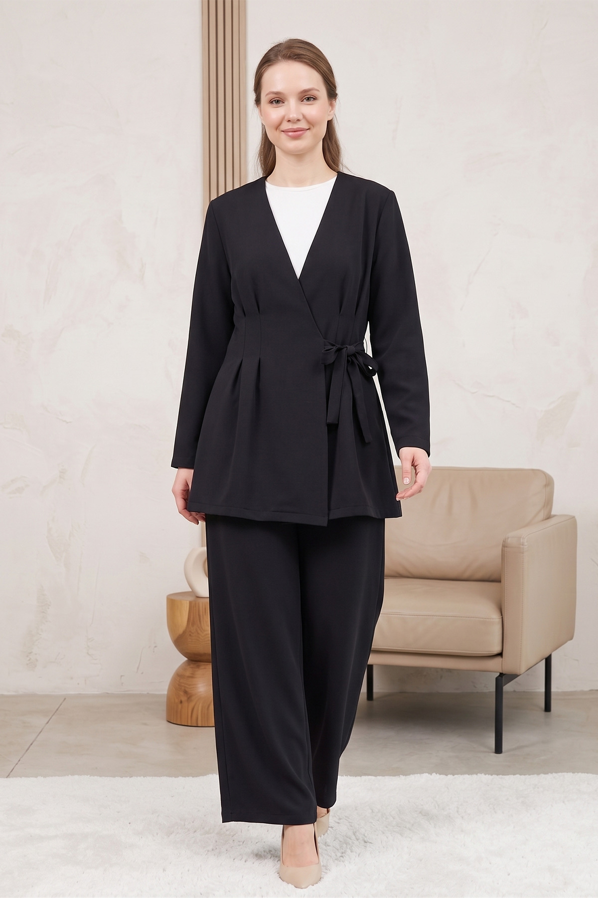 Women's Collet Detailed Tied Jacket Pants Set - Black