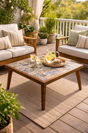 maison linden Masif Eskitme Ahşap Seramik Orta Sehpa 65X65 cm El Yapımı Dekor...