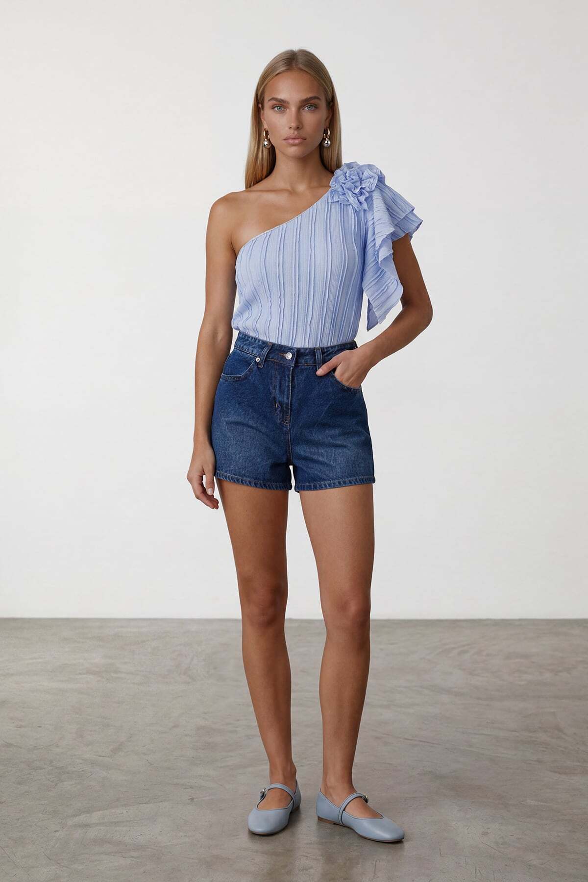 Blue One Shoulder Detailed Blouse Alc-X12191