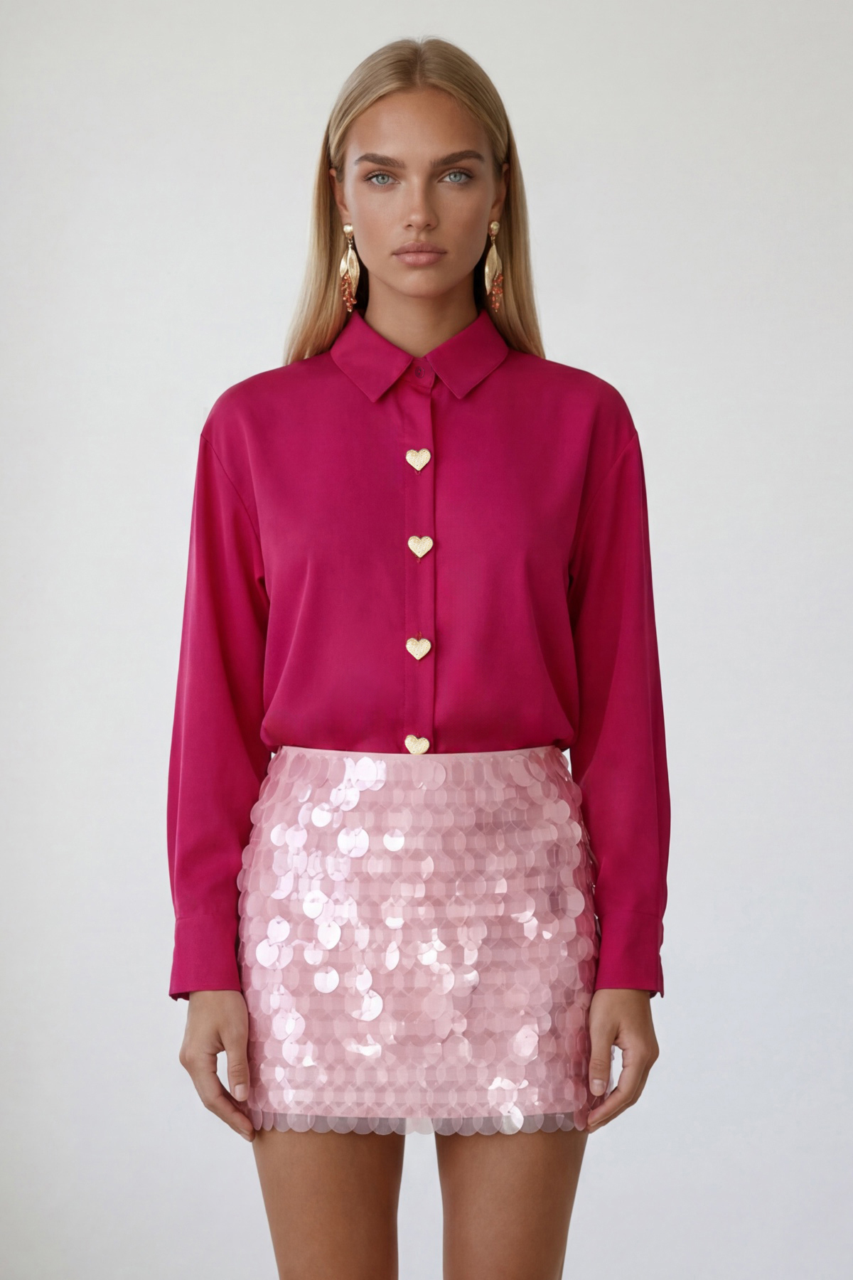 Women's Fuchsia Heart Buttoned Oversize Poplin Shirt Alc-X13935
