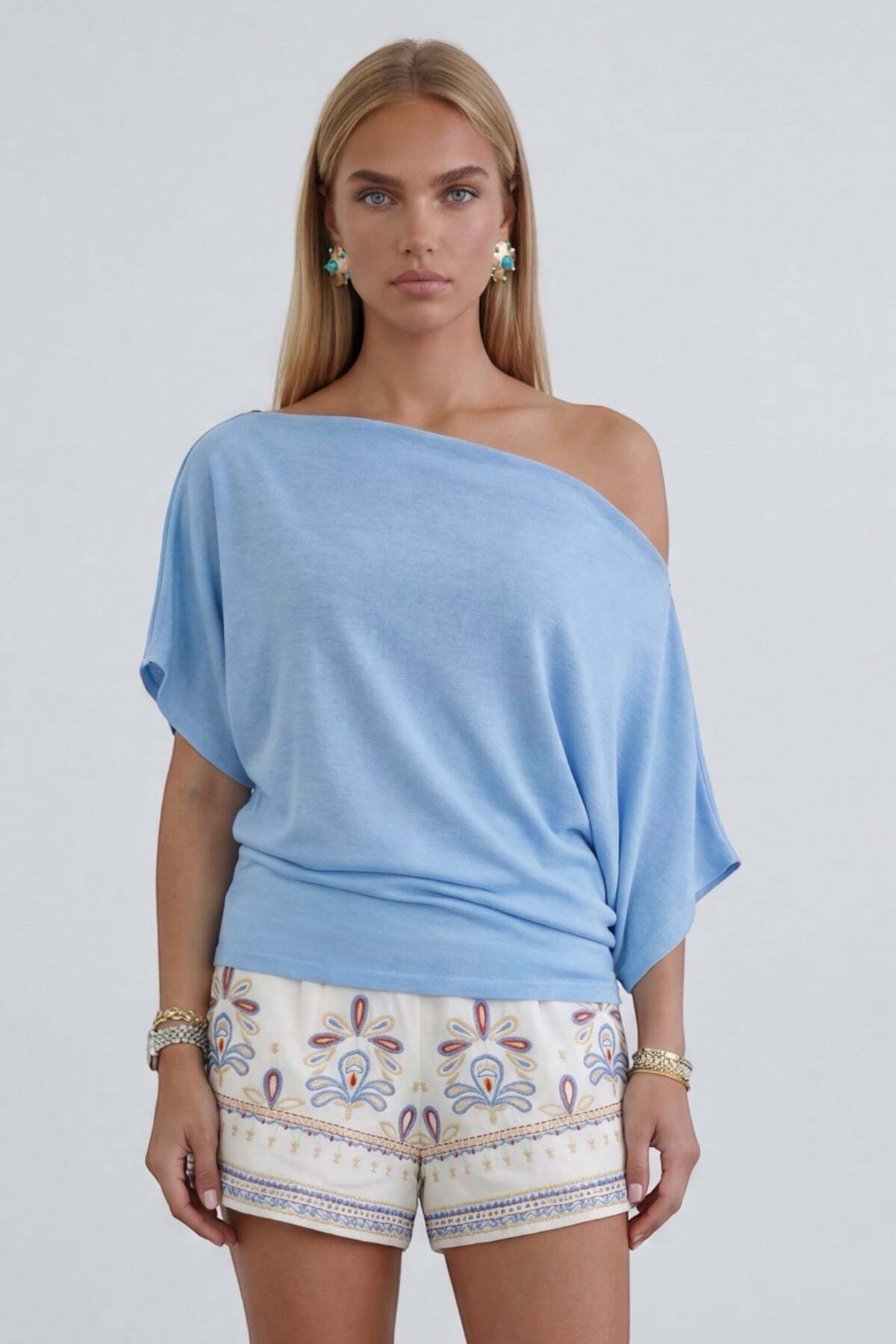 Blue Boat Neck Blouse Alc-X15475