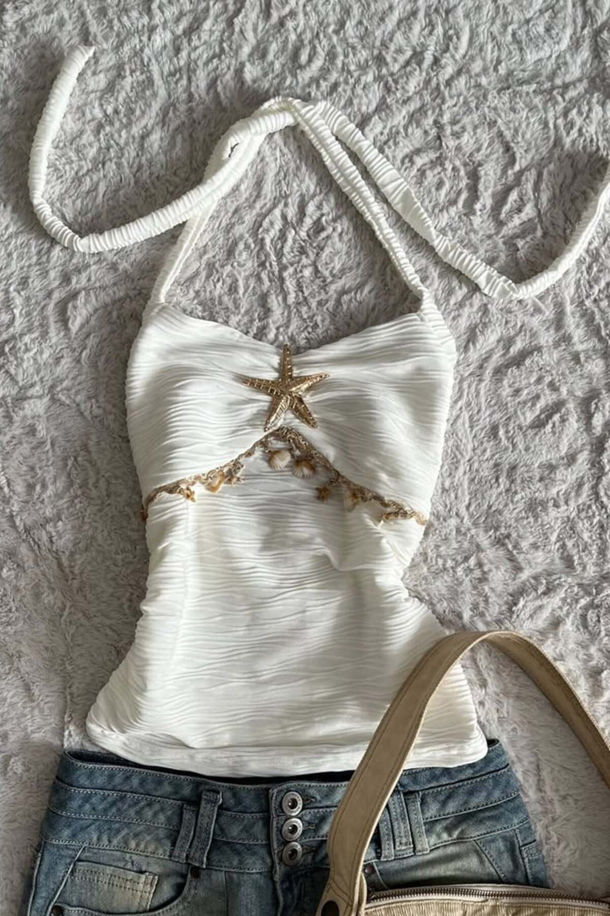 Karakedi  Gold Yıldız Detaylı Mermaidcore Büzgülü Y2K Kısa Askılı Crop Body