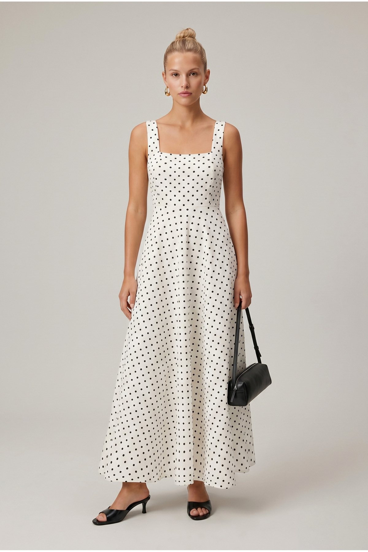 Ritnice  Kadın Füsun Arkadan Bağlamalı Kare Yaka Dokuma Uzun Puantiyeli Beyaz Elbise