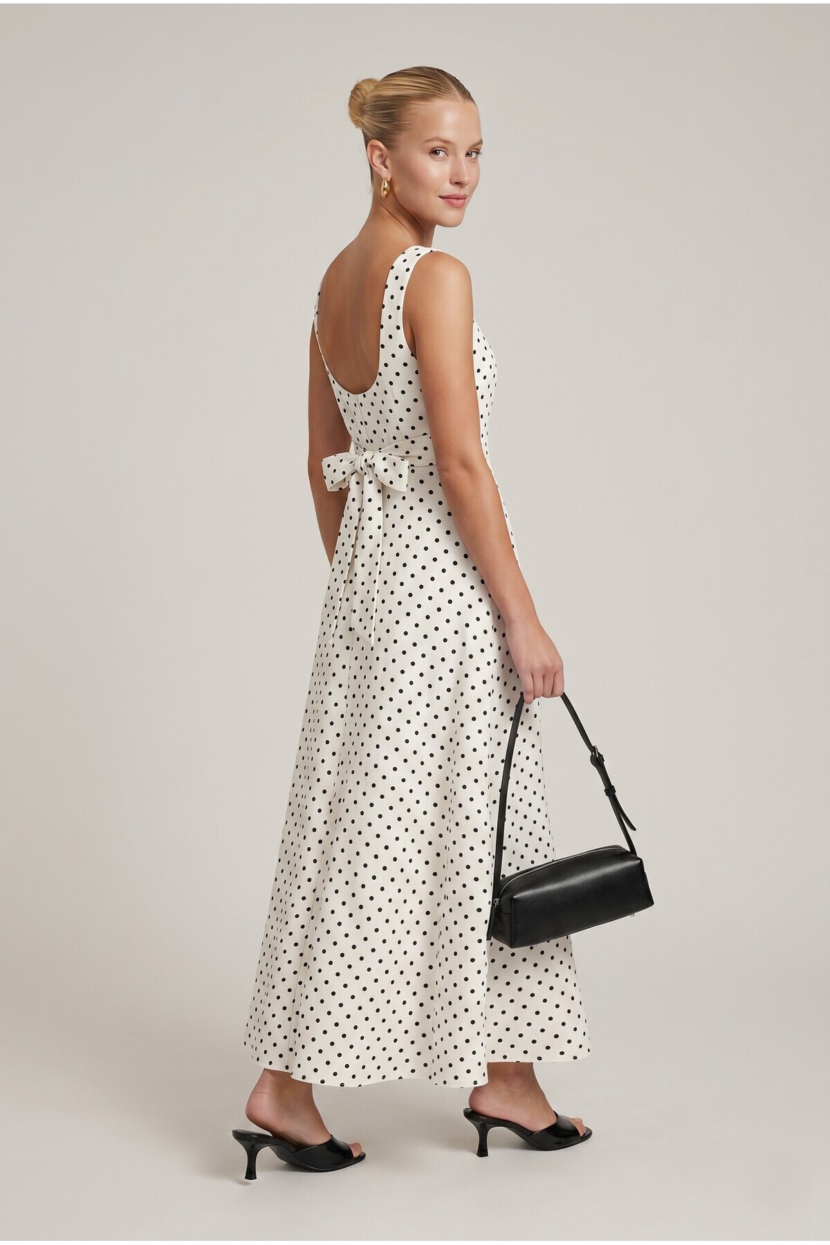 Ritnice  Kadın Füsun Arkadan Bağlamalı Kare Yaka Dokuma Uzun Puantiyeli Beyaz Elbise - Görsel 2