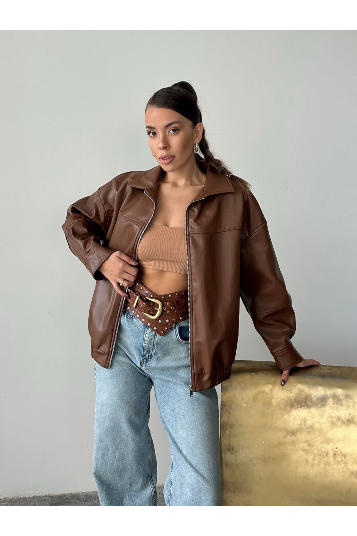 myd  Deri Fermuarlı Bomber Mont - Taba - Görsel 2