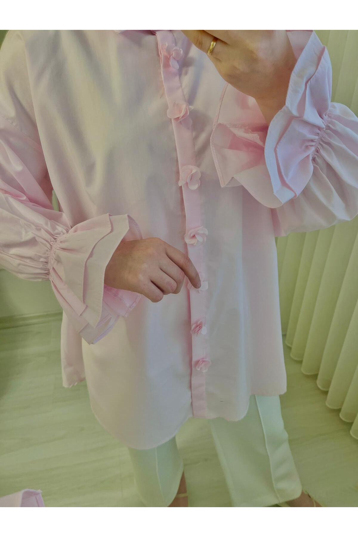 Feliz  Büzgü Kol ve Çiçek Detaylı Gömlek - Görsel 3