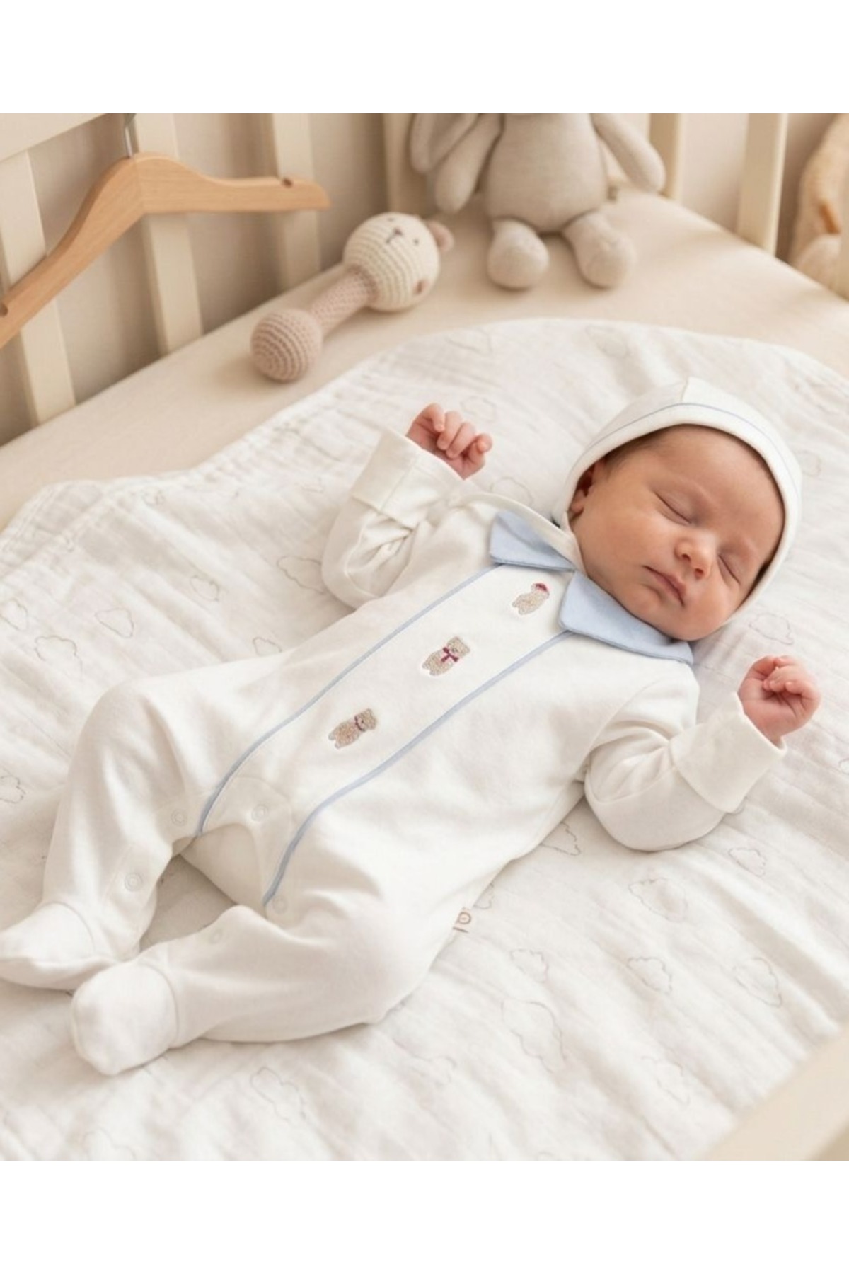 LisaLoom Baby Boy Romper Set 100% Cotton Blue Collared Rabbit Embroidered Baby Romper Set with Hat