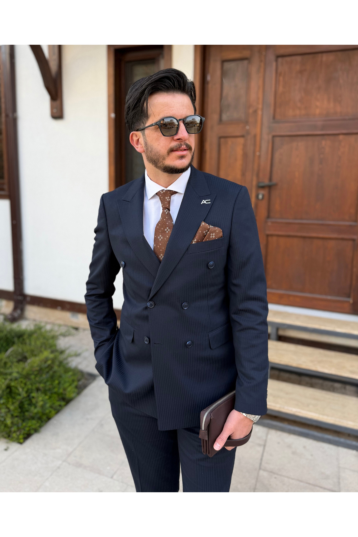 کت و شلوار دو سینه انحصاری مردانه Pinstripe Navy — سرمه‌ای TK550 — تصویر 6 از 7