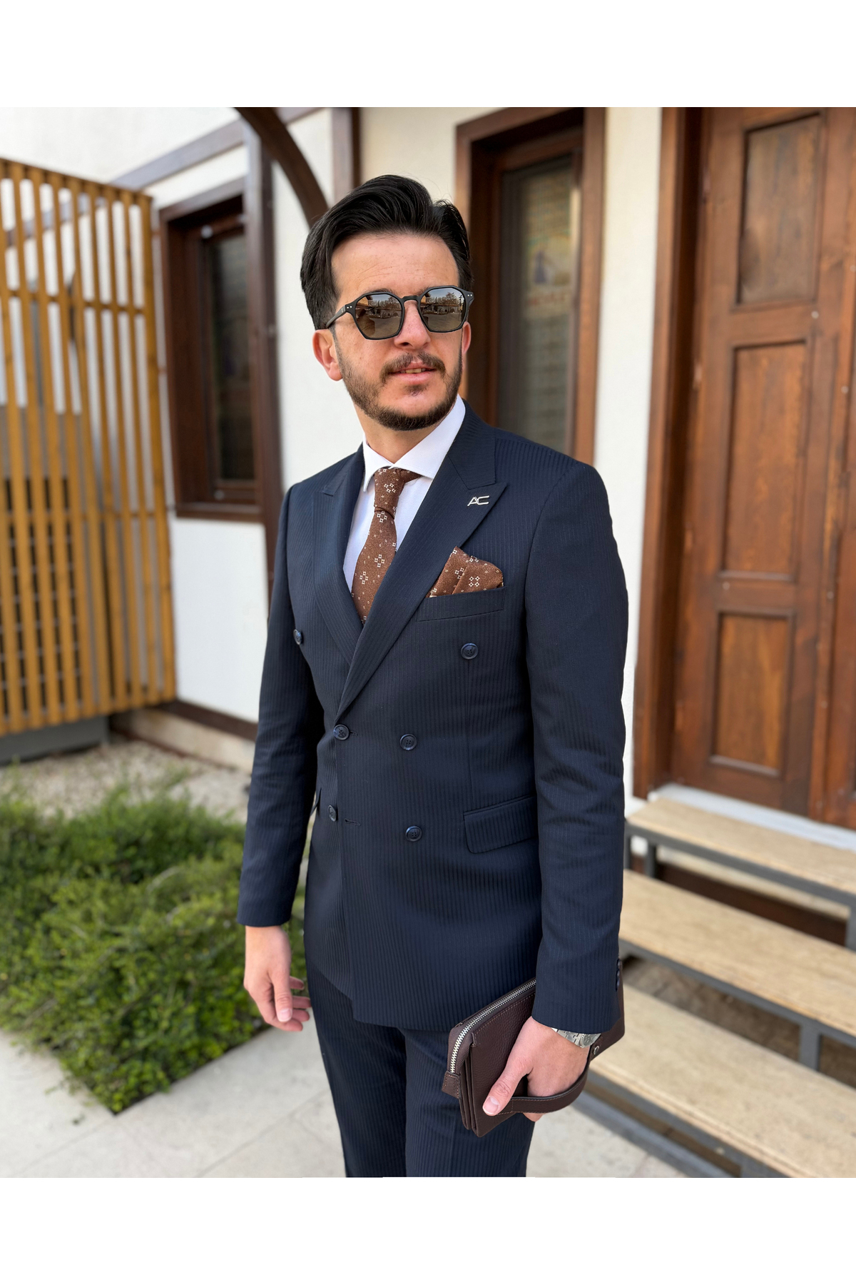 کت و شلوار دو سینه انحصاری مردانه Pinstripe Navy — سرمه‌ای TK550