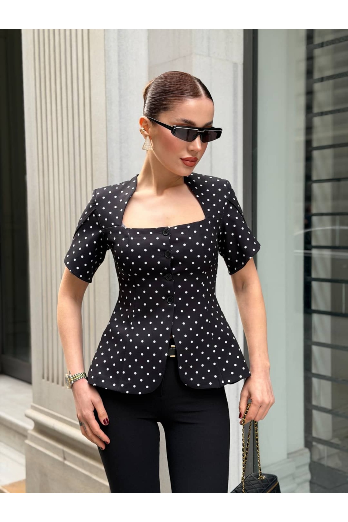 YK FASHION  Puantiyeli Kare Yaka Bluz - Görsel 2