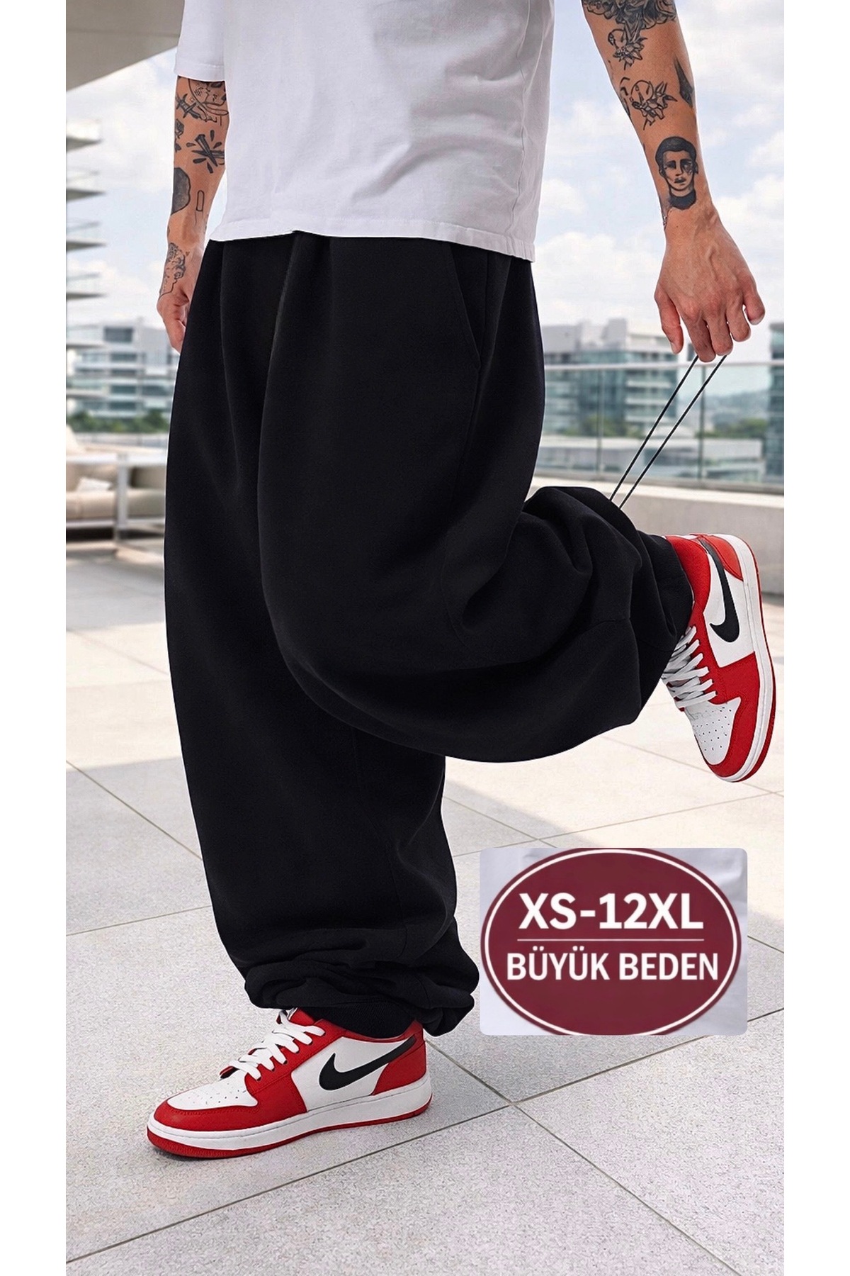 BSBSPOR Yazlık Süper Bol Paça Lastikli Yüksek Bel Baggy Büyük Beden Siyah Gri Esofman Altı