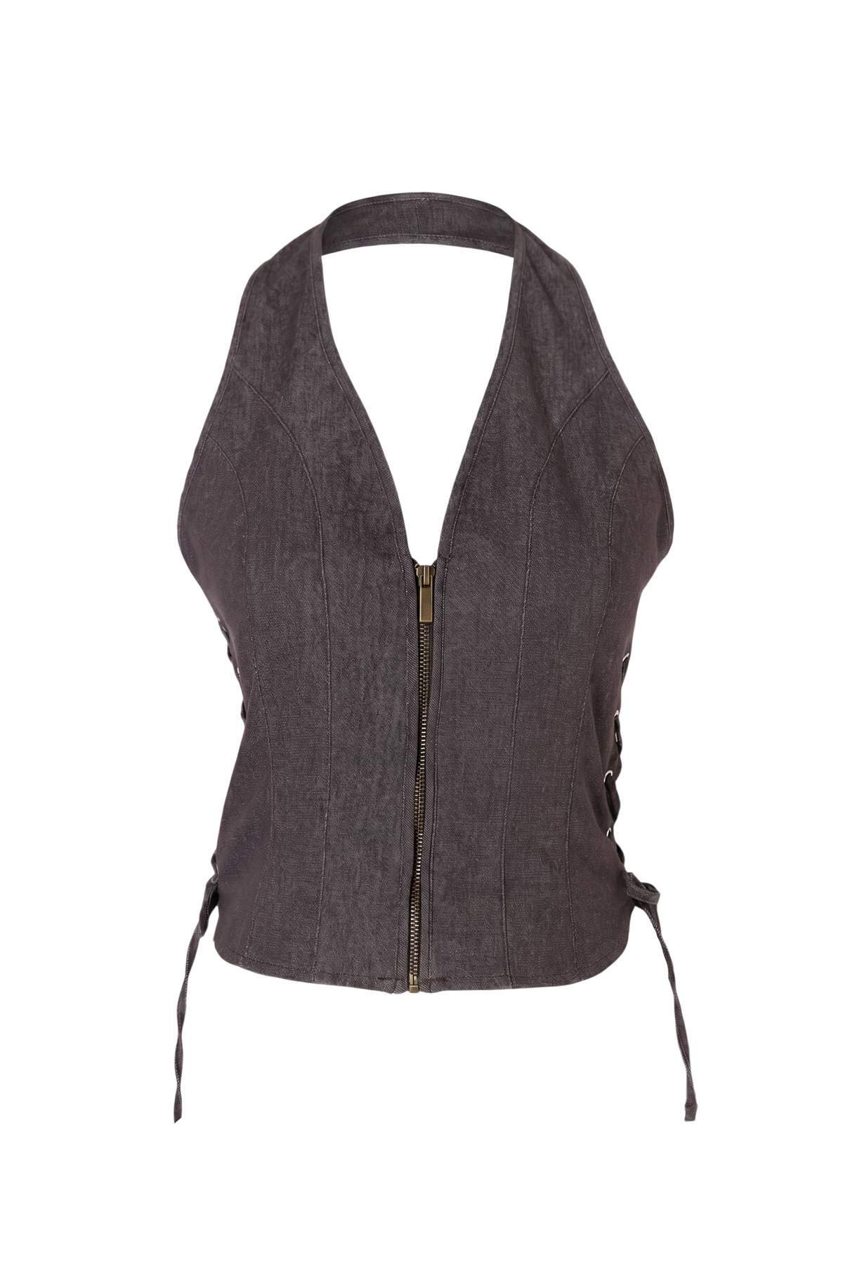 Trendyolmilla  Limited Edition Koyu Kahverengi Kuş Gözü Bağlama Detaylı Dokuma Bluz TWOSS26BZ00589