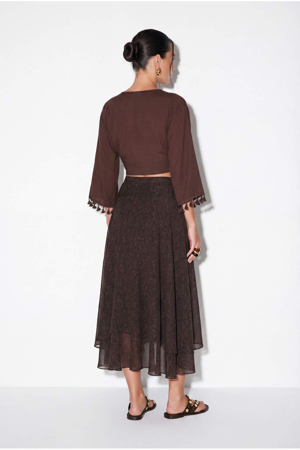 Trendyolmilla  Kahverengi Kemerli Katlı Uzun Şifon Etek TDRSS26ET00018 - Görsel 4