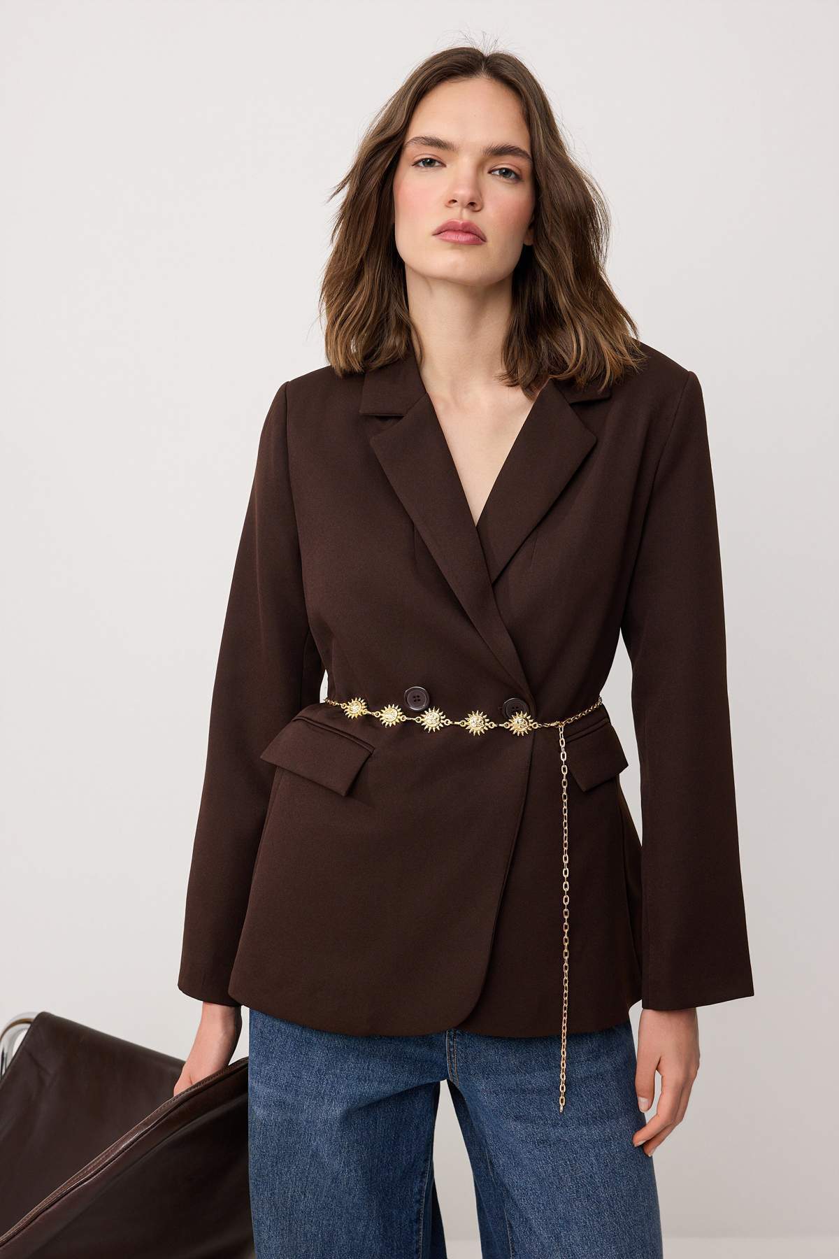 Trendyolmilla Kahverengi Aksesuar Kemerli Vatkalı Astarlı Blazer Ceket TWOSS26BC00049