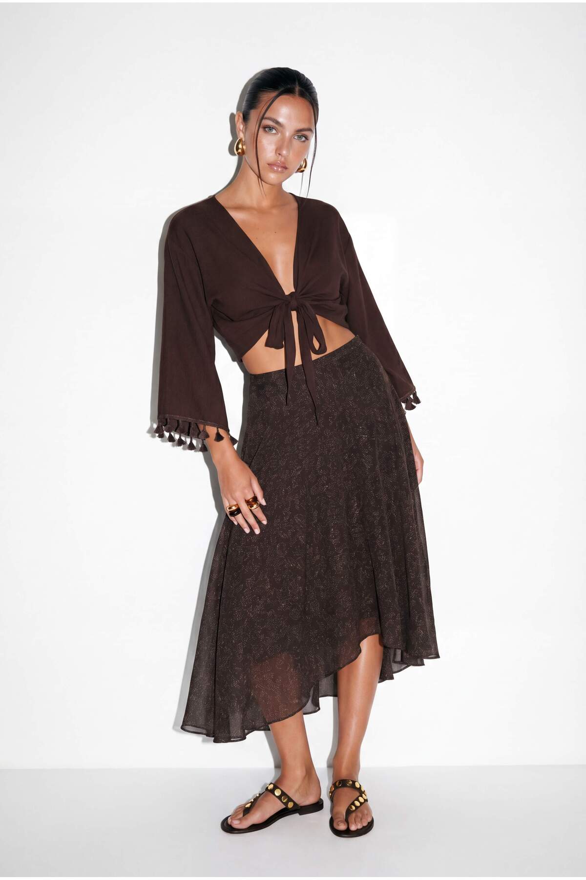 Trendyolmilla  Kahverengi Kemerli Katlı Uzun Şifon Etek TDRSS26ET00018 - Görsel 3