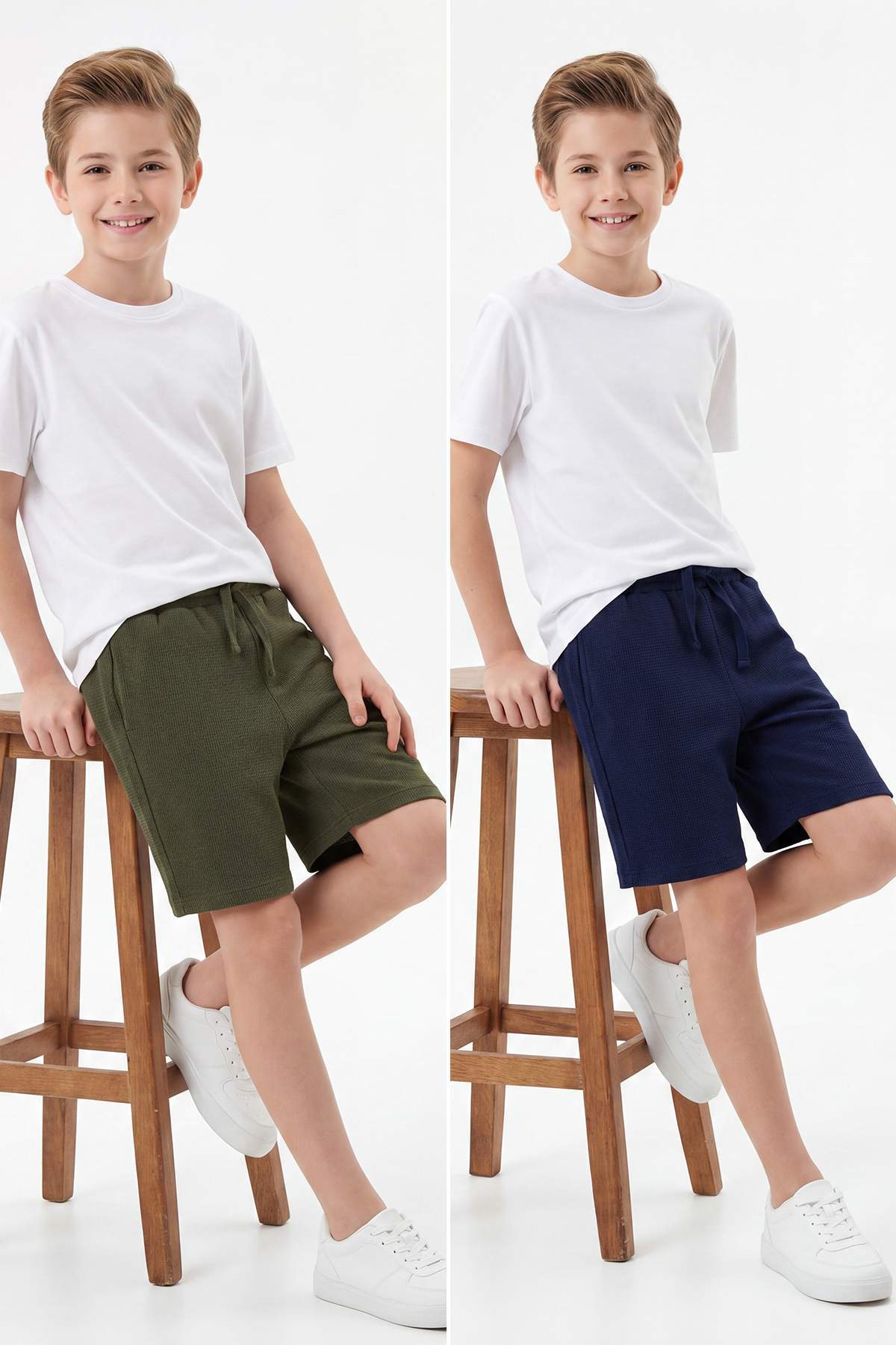 Trendyolmilla Kids Lacivert-Haki 2'li Düz Örme Erkek Çocuk Şort & Bermuda TKDSS26SR00021