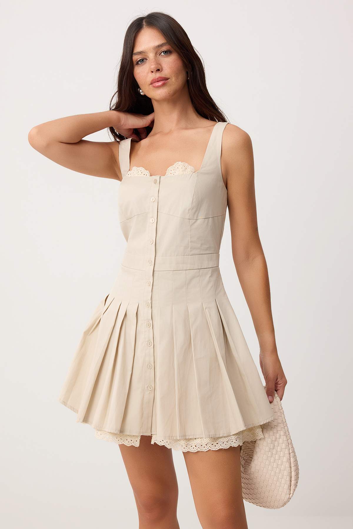 Trendyolmilla  Bej Mini Brode Detaylı Dokuma Elbise TWOSS26EL01037 - Görsel 2