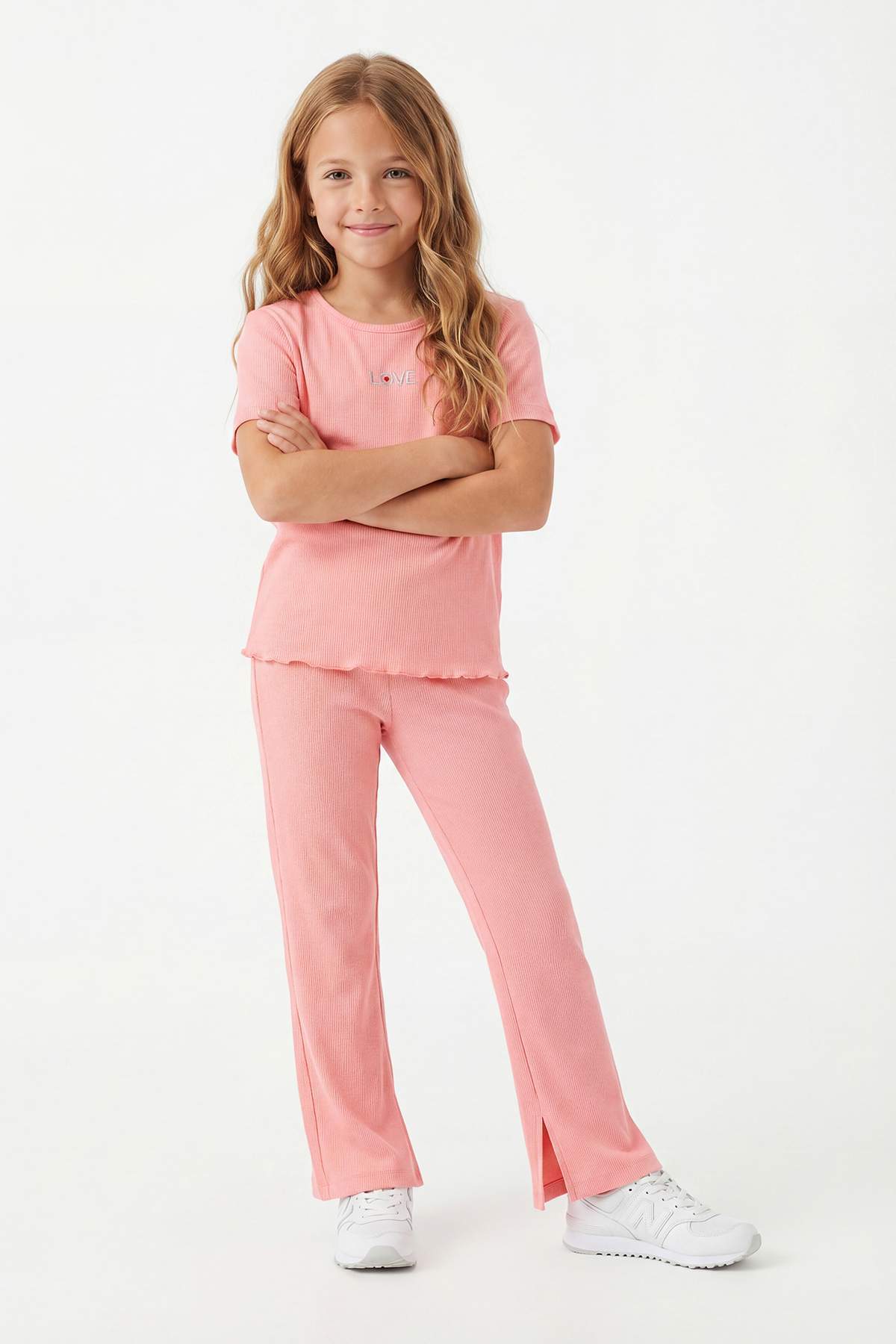 TRENDYOLKIDS Pudra Slogan Strick-Unterteil - Oberteil-Set TKDSS25AU00020