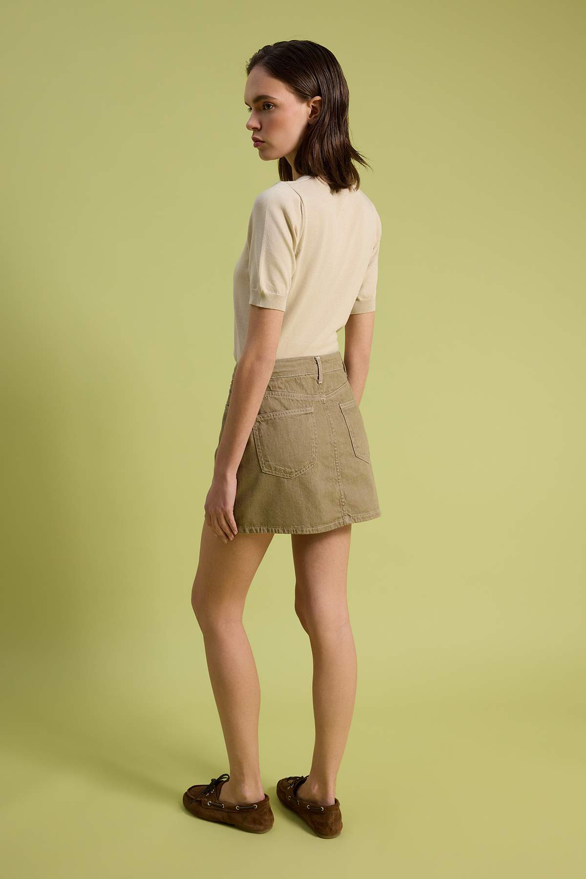 Trendyolmilla  Bej Vintage Yıkama DÖKÜMLÜ Yüksek Bel Denim Şort Etek TWOSS26SR00110 - Görsel 5