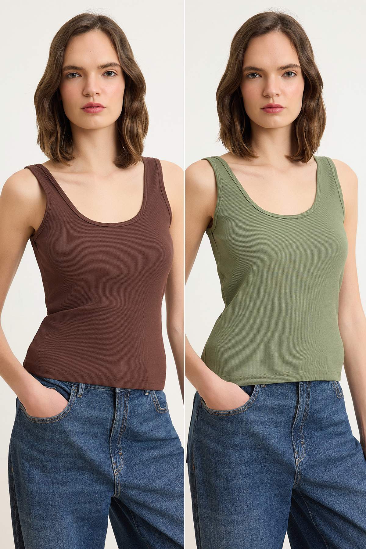 Trendyolmilla Kahverengi-Haki 2'li Paket Fitted/Vücuda Oturan Havuz Yaka Fitilli Esnek Örme Atlet TWOSS24AL00050