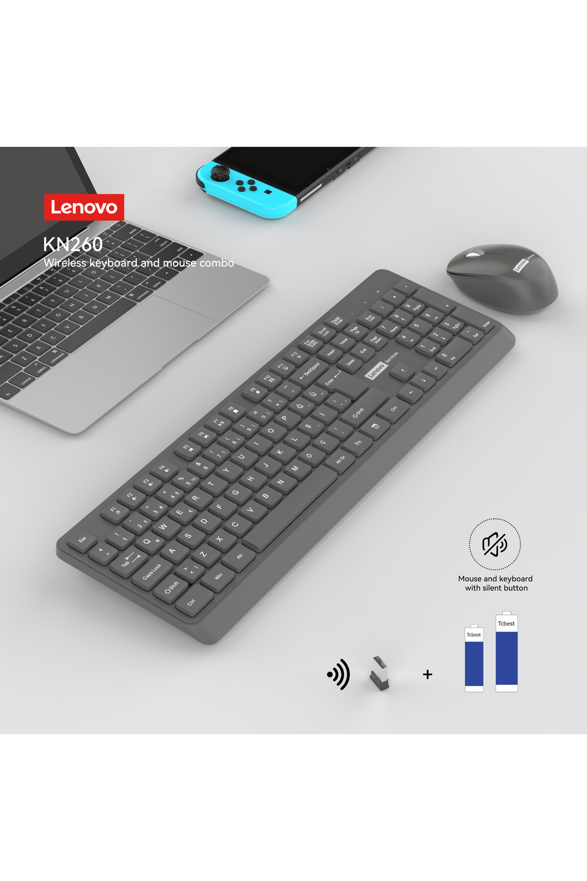 LENOVO KN260 Sessiz Kablosuz Klavye Mouse Set Q Türkçe Piller