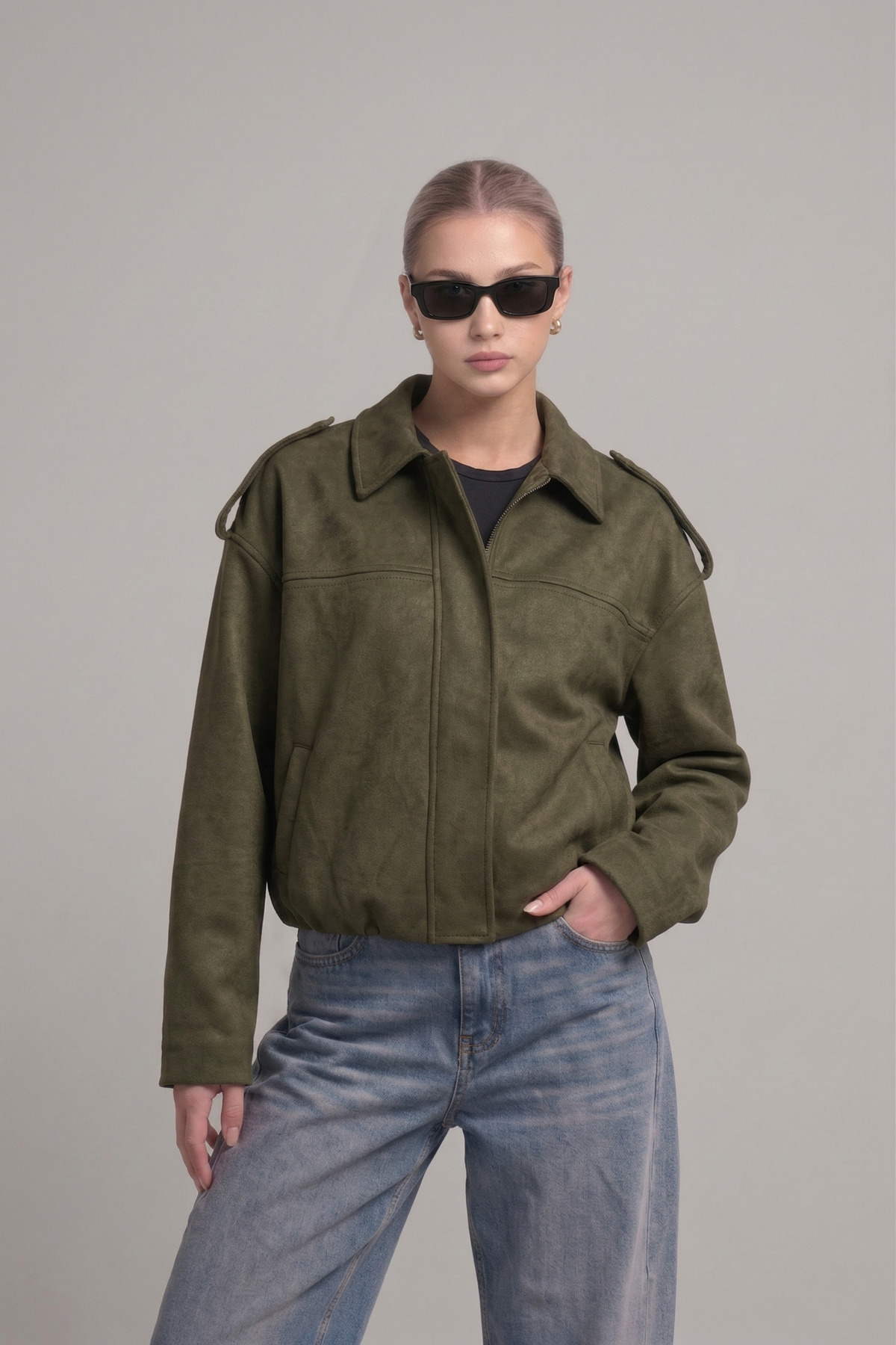 Jaglion ZR Kadın Bomber Haki Süet Oversize Ceket görsel 5
