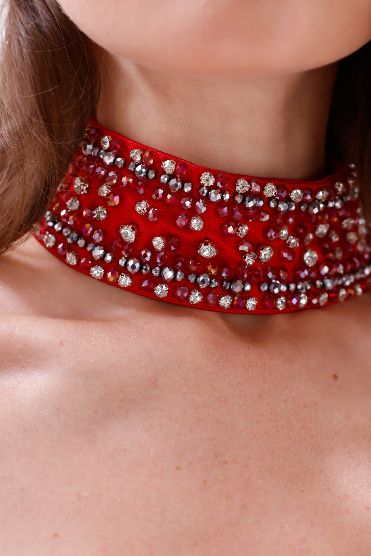 BDM Exclusive Tek Omuz Taş İşlemeli Choker Detaylı Yırtmaçlı Uzun Saten Abiye Elbise görsel 7