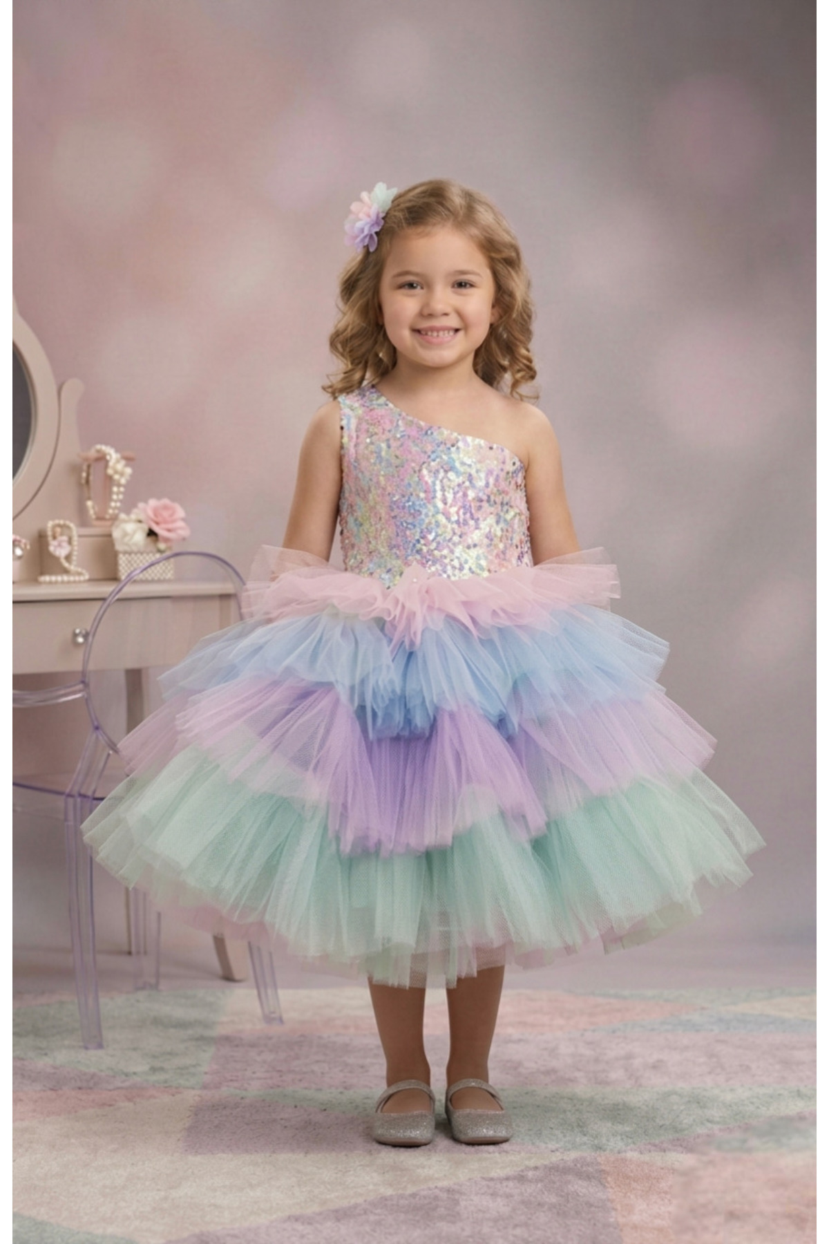 Seplin Fashion Unicorn kostümü.Kız Çocuk Tek Omuz Payetli Fiyonklu Kat Kat Tütü Elbise