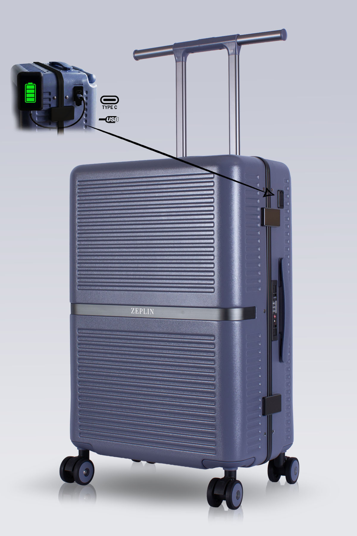 Nora PC Polycarbonate USB & Type-C Medium Suitcase with Charging Port Navy