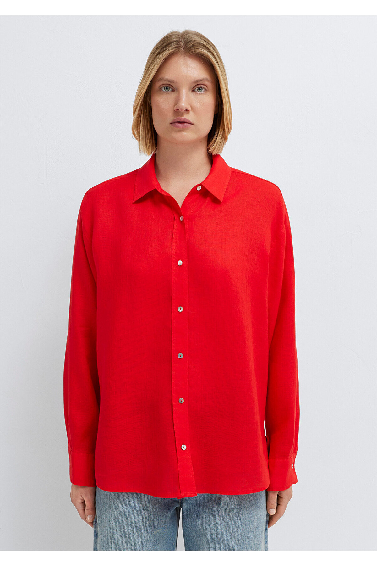 Mavi  Kırmızı Keten Gömlek Loose Fit / Bol Rahat Kesim 1210747-70474 - Görsel 5
