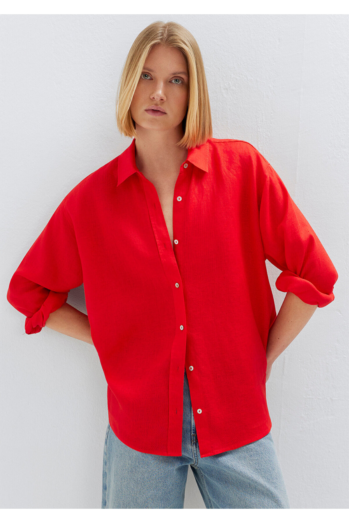 Mavi  Kırmızı Keten Gömlek Loose Fit / Bol Rahat Kesim 1210747-70474 - Görsel 4